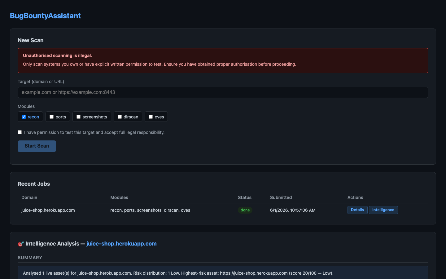 Scopeix dashboard showing a completed scan job for juice-shop.herokuapp.com with Details and Intelligence action buttons