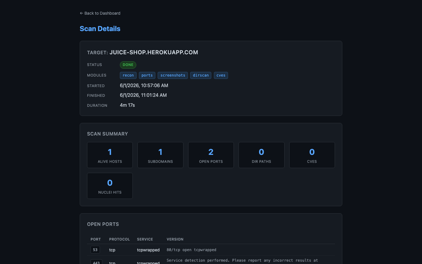Scan details page showing target metadata, DONE status, module tags, scan duration, and a summary grid of alive hosts, subdomains, open ports and CVEs