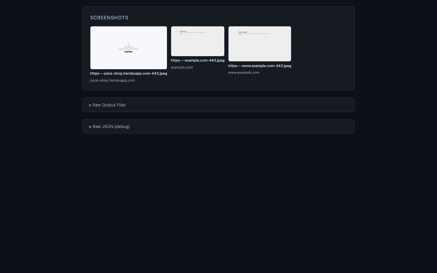 Screenshot gallery showing thumbnail previews of scanned web endpoints including juice-shop.herokuapp.com and example.com